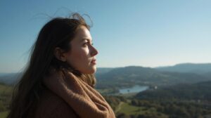 果たして自分は何に意識のスポットライトを当てているんだろうと、考える女性の図