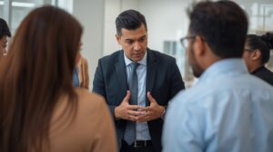 頭を下げて説明する上司