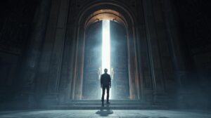 幸せへの扉を開けて新しい世界に踏み出そうとしている男性