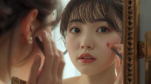 鏡の前で化粧をする女性