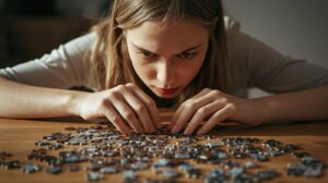 難易度の高いジグゾーパズルをしている女性