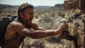 水を求めても手に入らずに困る旅人は、欠乏感から願いを持っても叶わない人と同じだというイメージ図